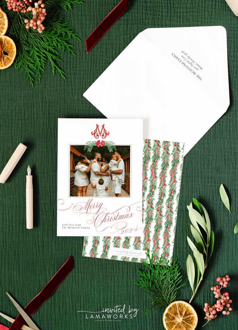 Watercolor Red Bow & Monogram Christmas Card