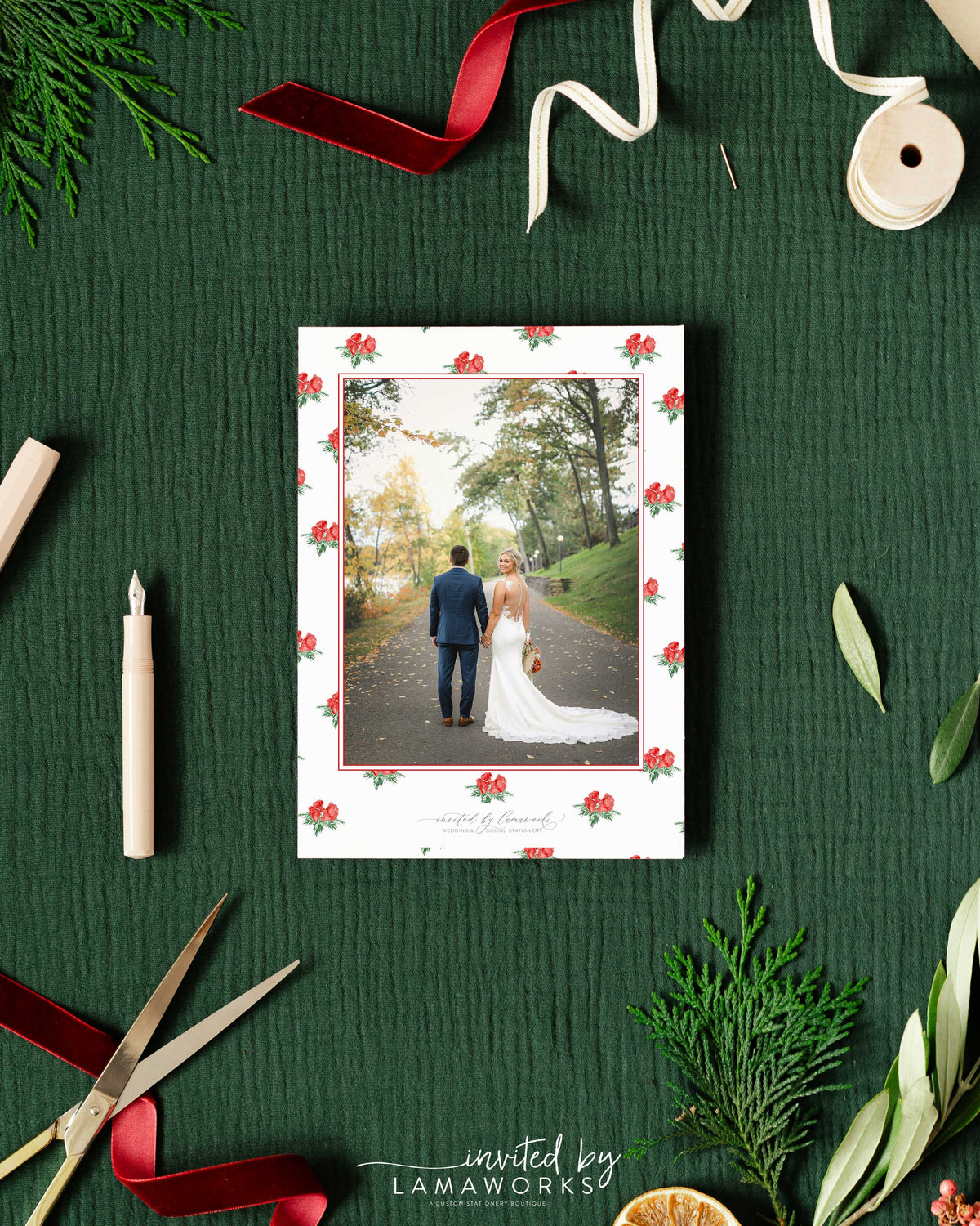 Married and Bright Christmas Card - Red Bow