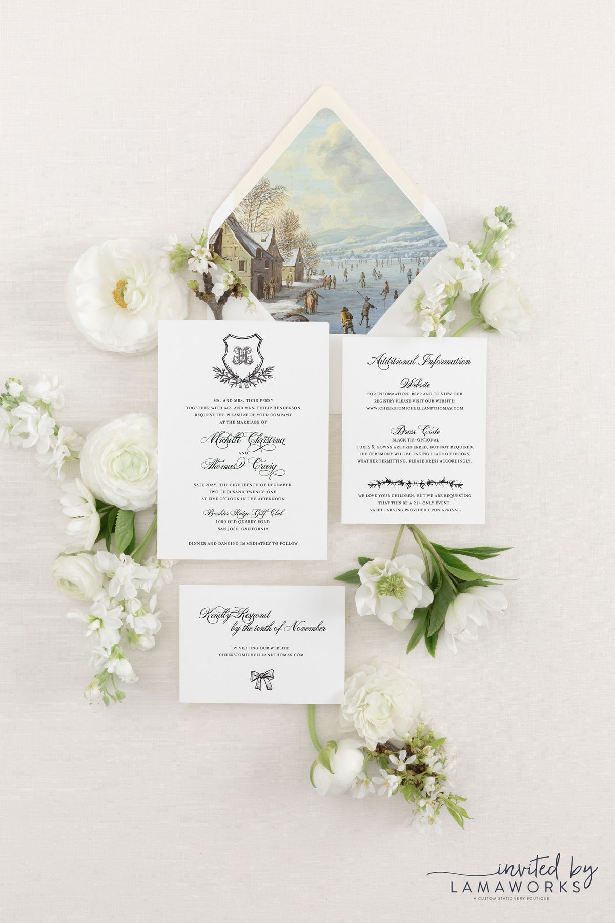 Winter Evergreen Crest Wedding Invitation Suite | Michelle