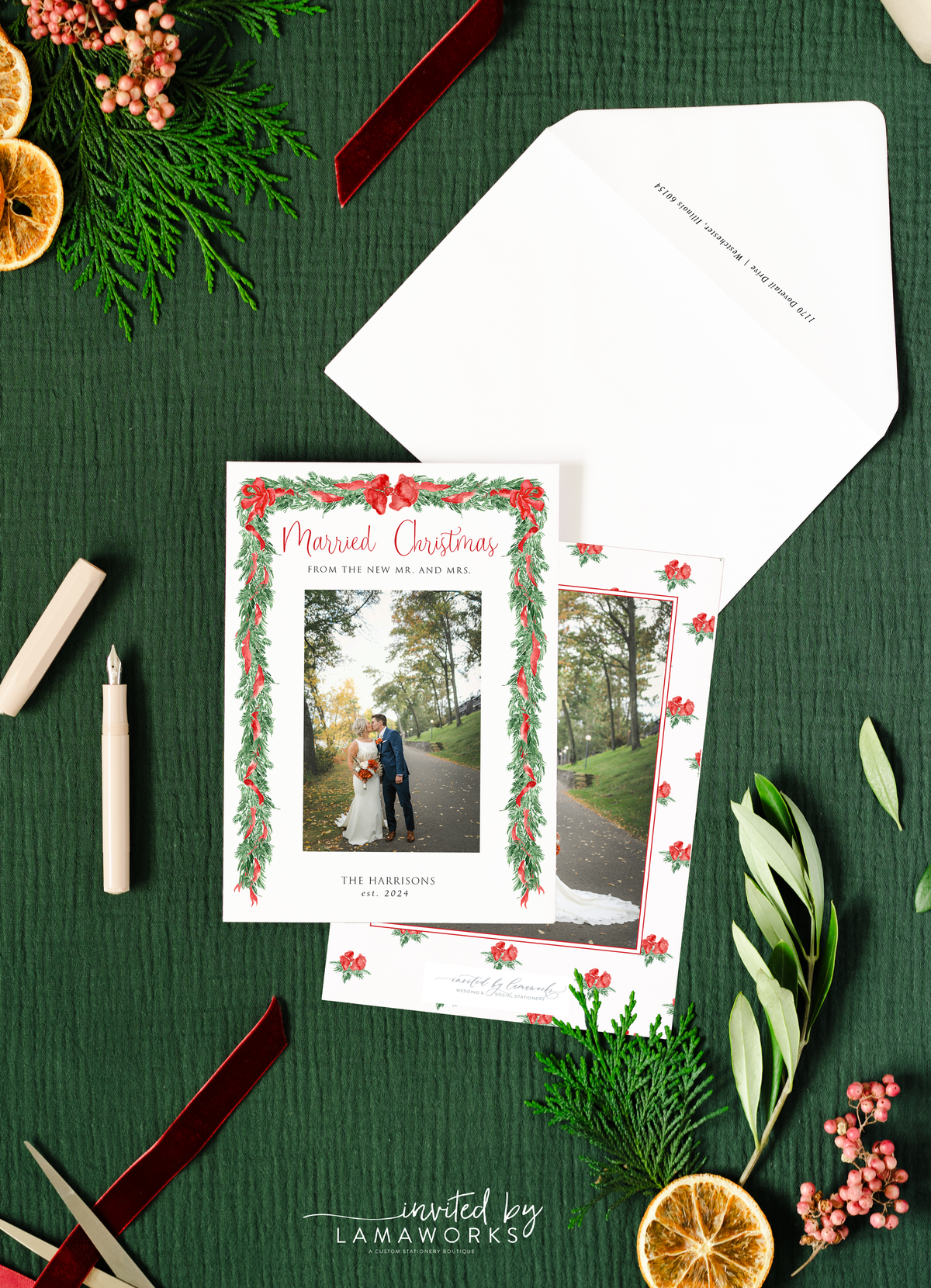 Married and Bright Christmas Card - Red Bow