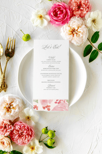 Watercolor Floral Printed Menu Cards in Peach, Pink or Blue | Madison