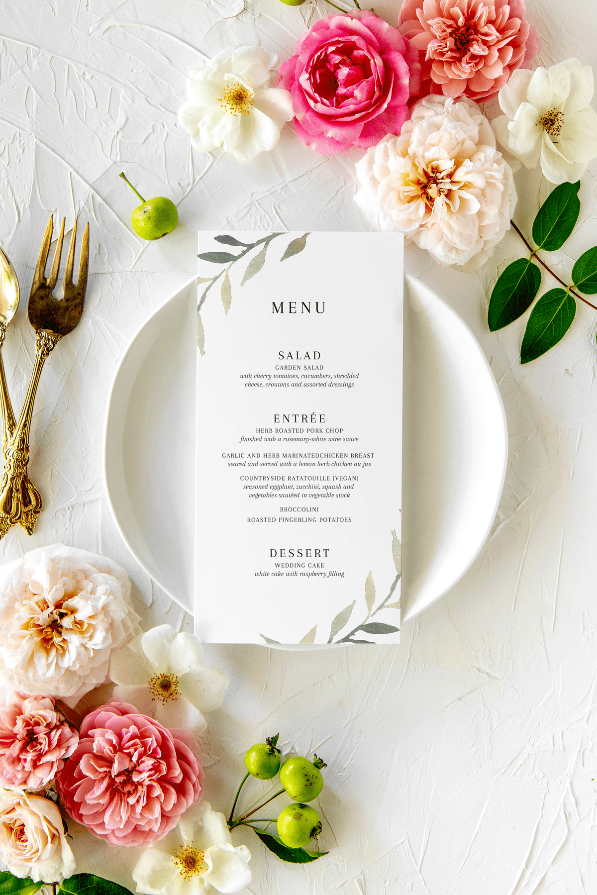 Watercolor Greenery Wedding Menu | Whitney