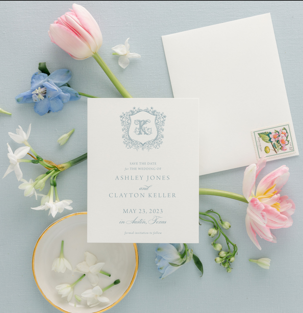 Delicate Blue Save the Date with Monogram Crest and Fine Art Envelope Liner | Ashley