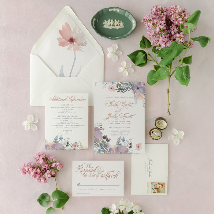 Elegant Mauve Watercolor Floral Wedding Invitation Suite | Brooke