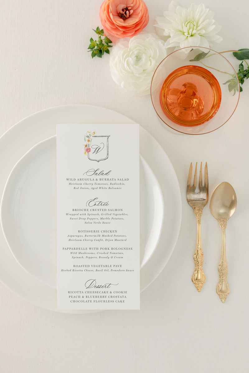 Spring Wedding Menu with Floral Crest | Catherine