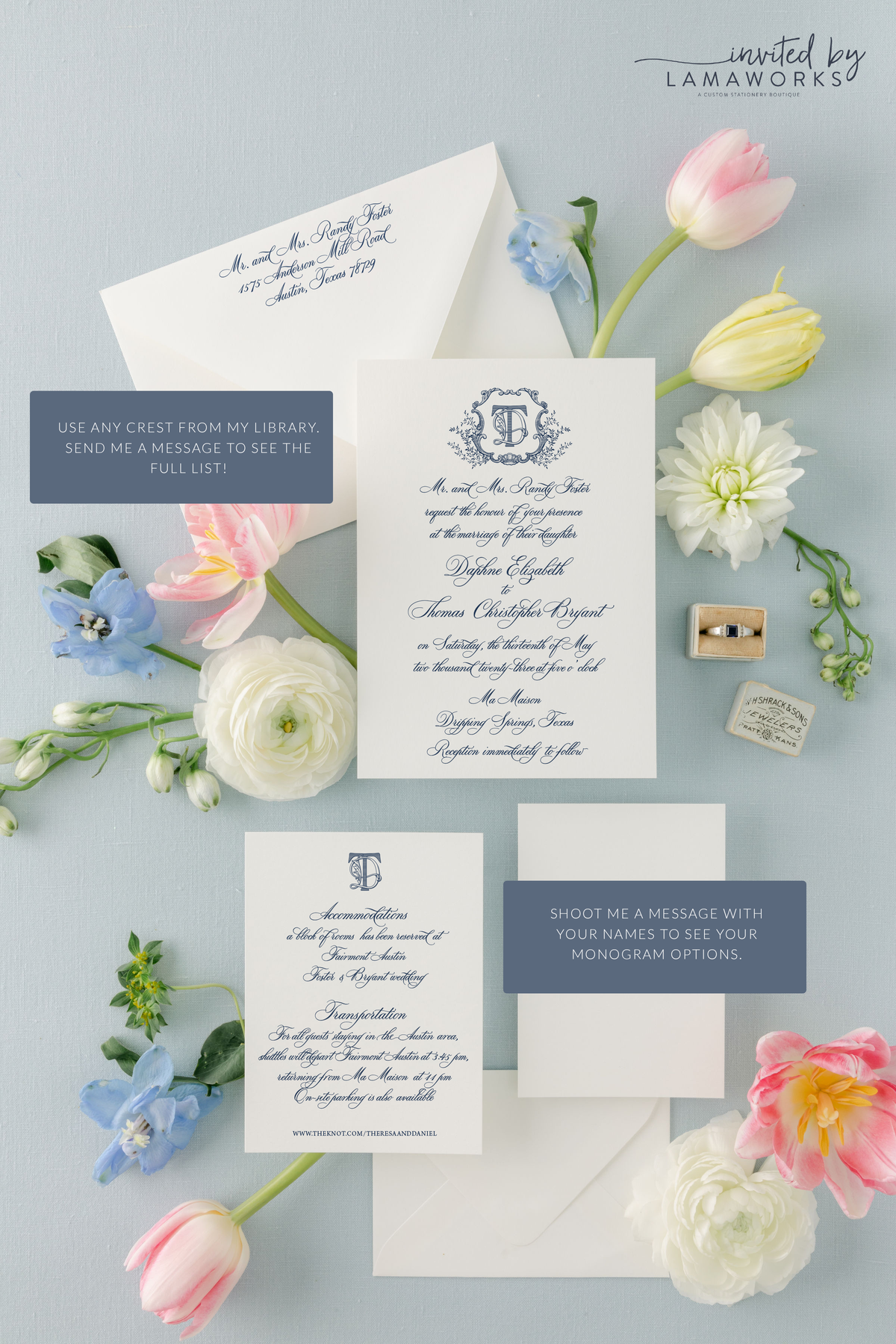 custom wedding invitation suite in navy