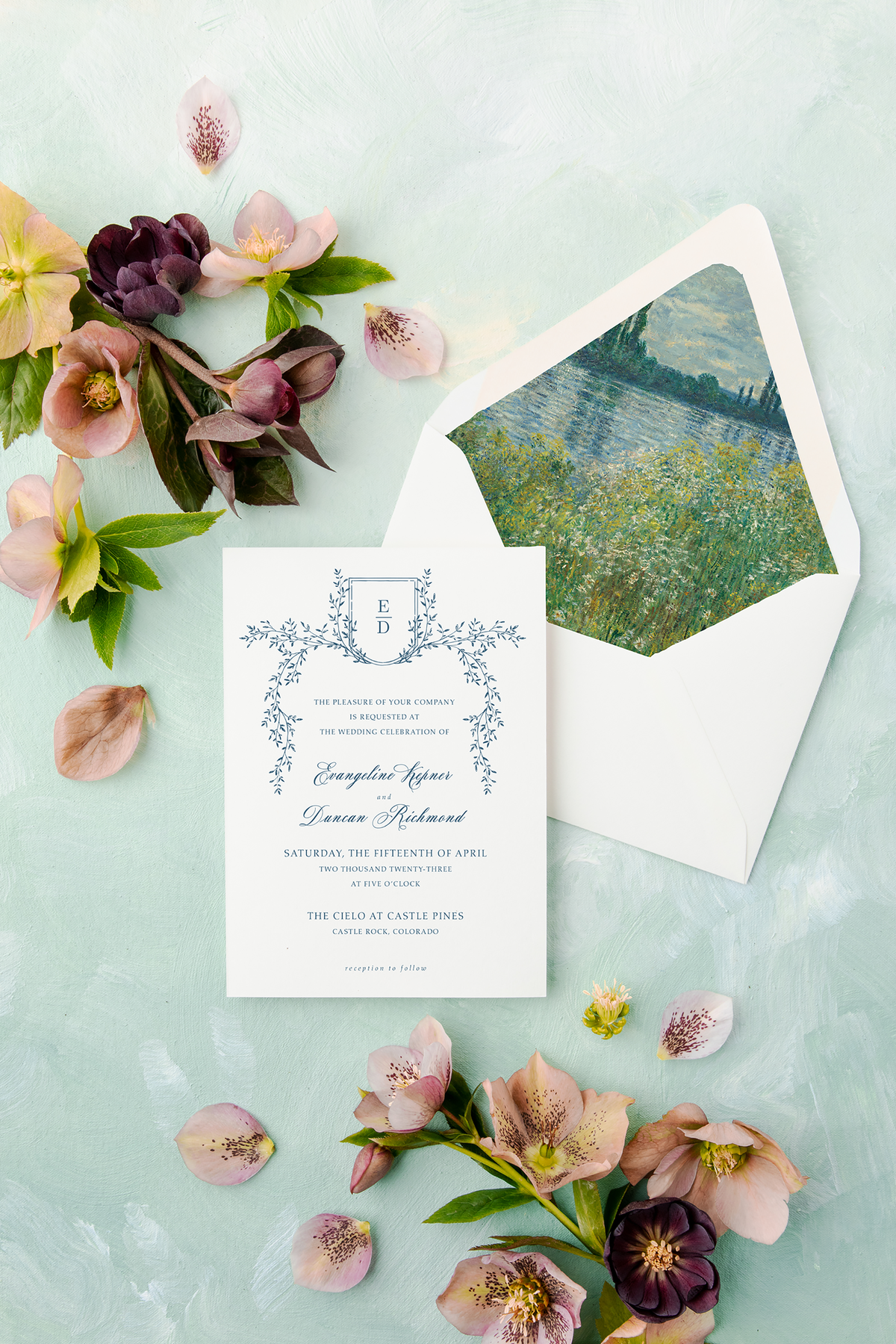 Dusty Blue Classic, Elegant Wedding Invitation Suite with Monogram Crest and Fine Art Envelope LIner || Evangeline