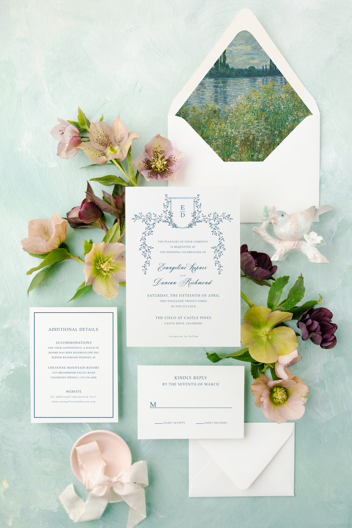 Dusty Blue Classic, Elegant Wedding Invitation Suite with Monogram Crest and Fine Art Envelope LIner || Evangeline