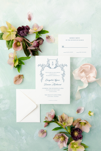 Dusty Blue Classic, Elegant Wedding Invitation Suite with Monogram Crest and Fine Art Envelope LIner || Evangeline