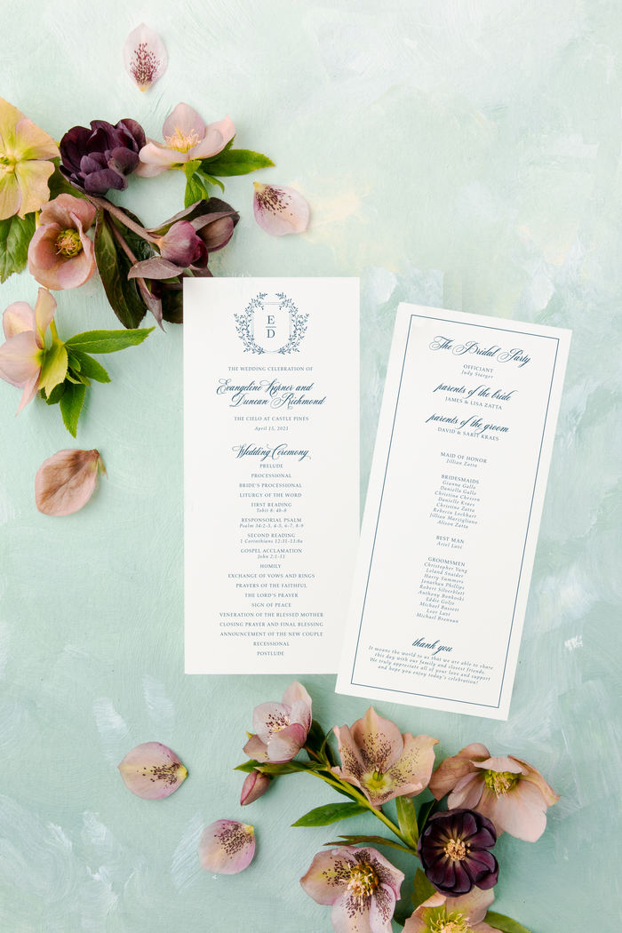 dusty blue monogram crest printed wedding program