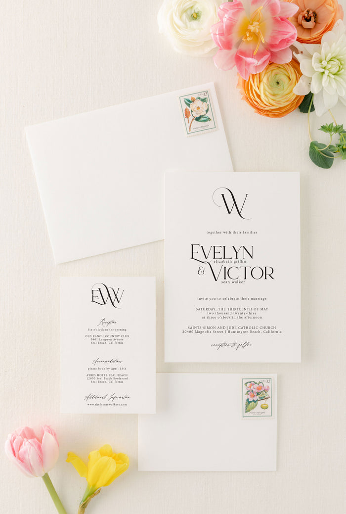 Minimalist, Modern Monogram Wedding Invitation - Evelyn