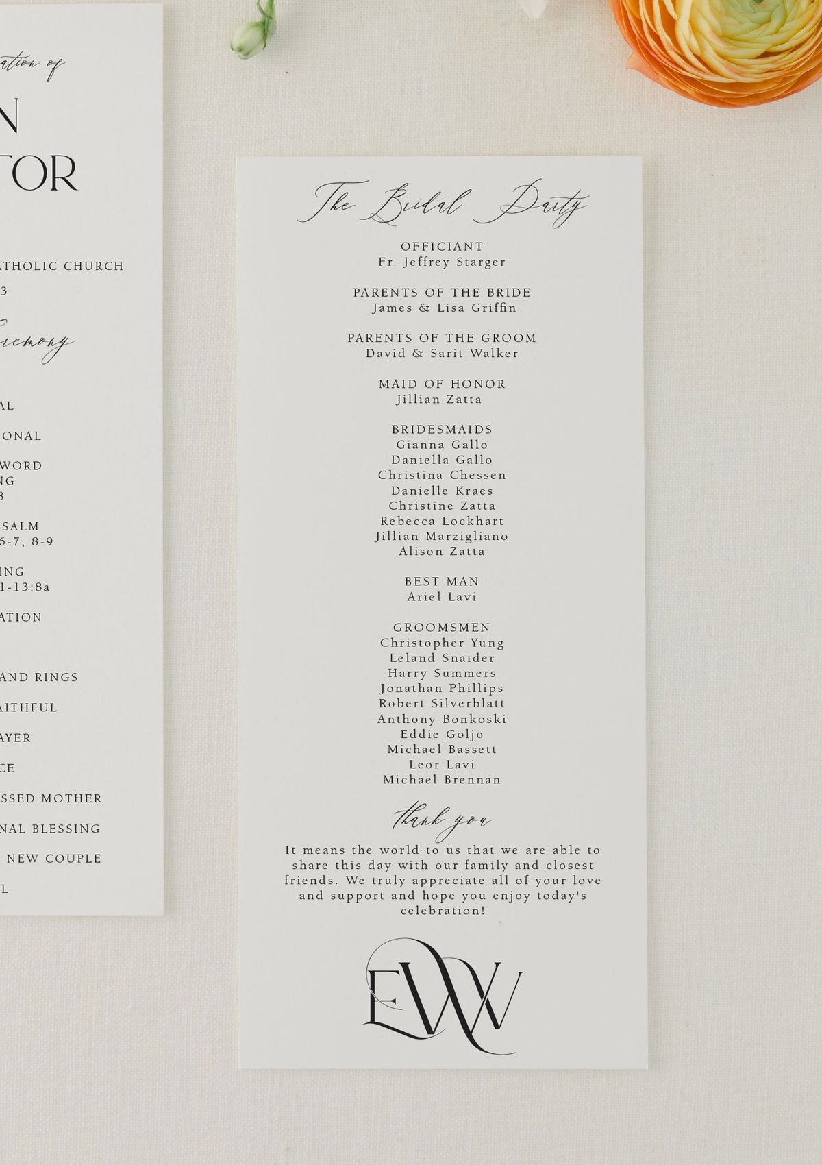 Modern Wedding Program with Monogram | Evelyn