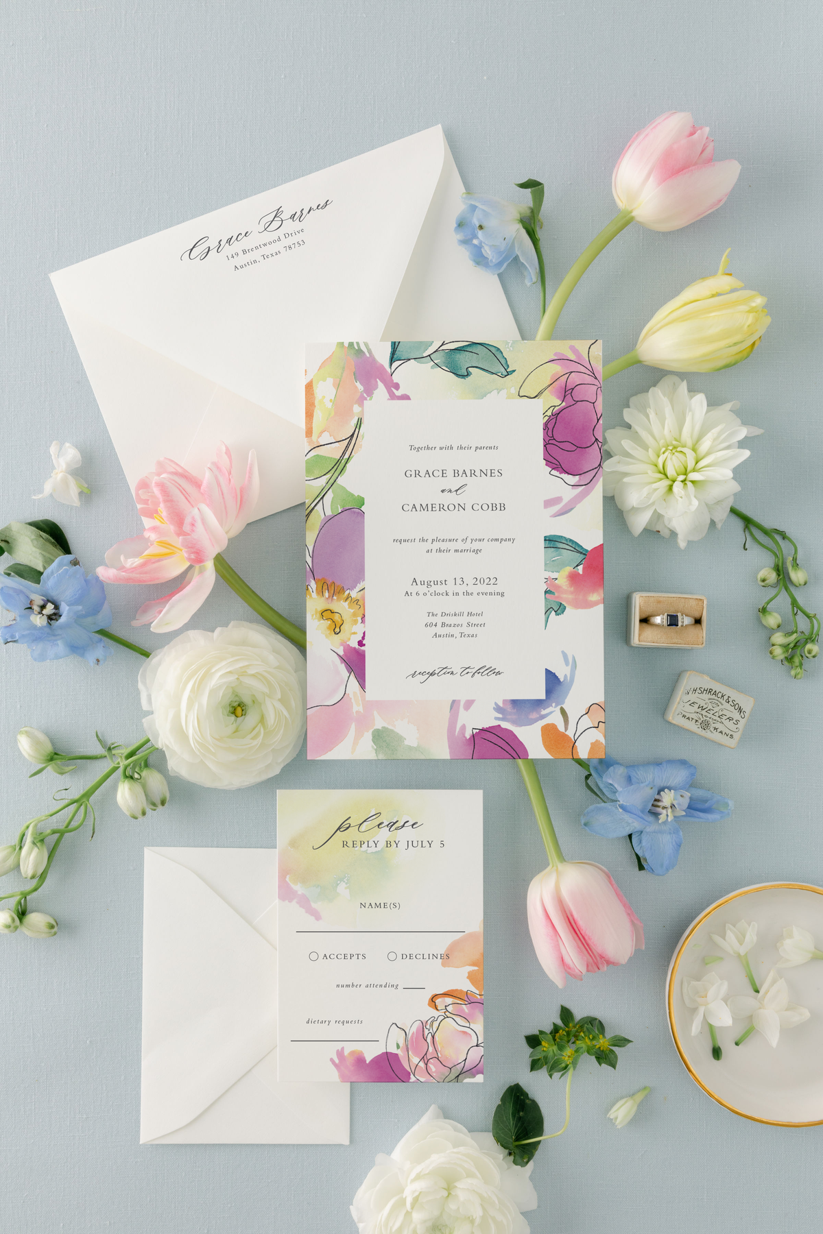 Elegant Watercolor Wedding Invitation Suite with Bright Summer Flowers | Grace