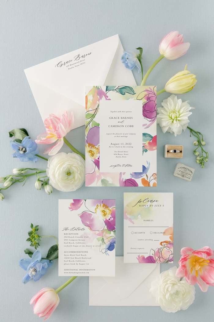 Elegant Watercolor Wedding Invitation Suite with Bright Summer Flowers | Grace