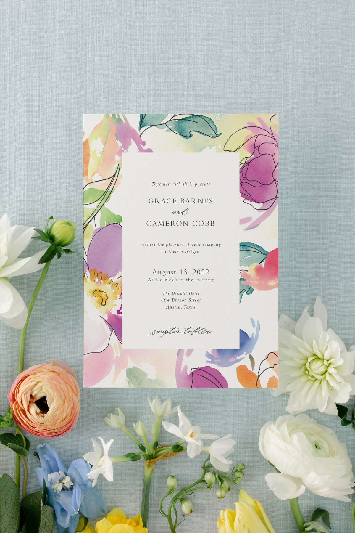 Elegant Watercolor Wedding Invitation Suite with Bright Summer Flowers | Grace