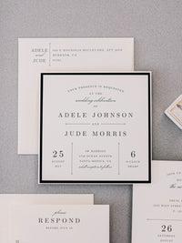 elegant square wedding invitation in black and ivory