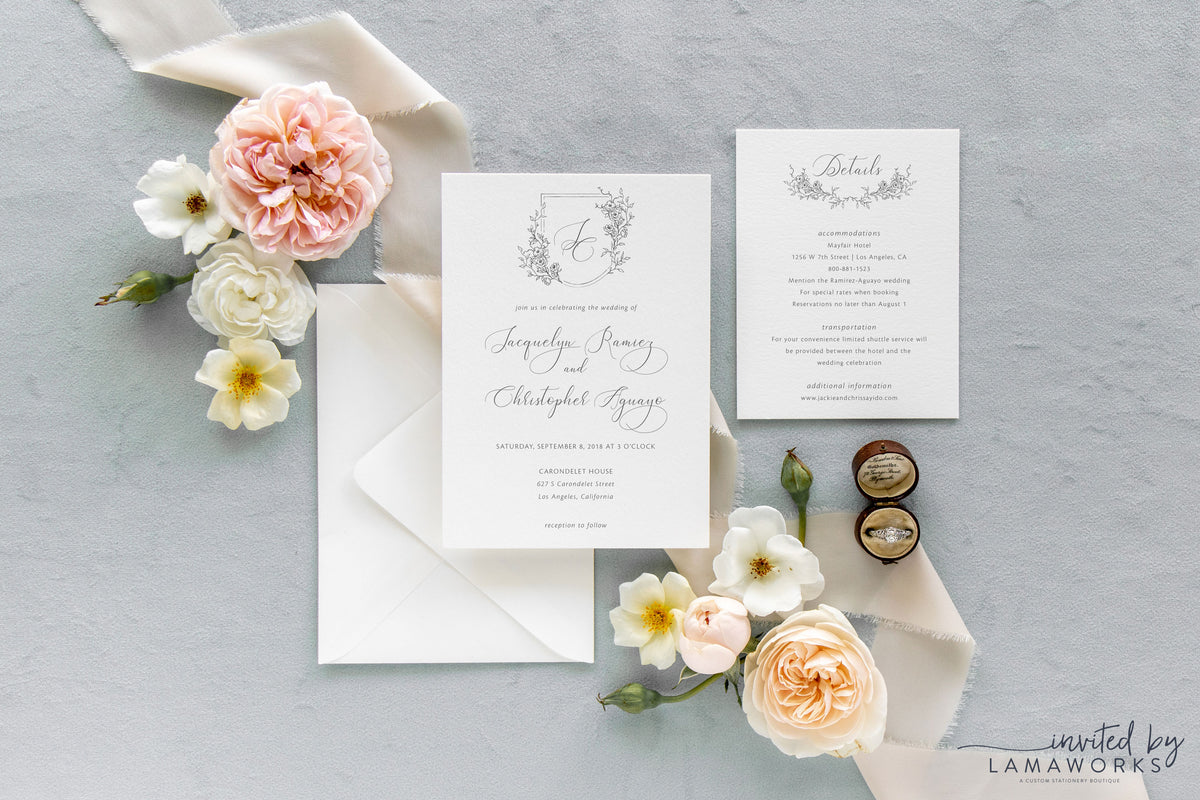 Simple Calligraphy Wedding Invitation Set with Monogram Crest- Jacquelyn