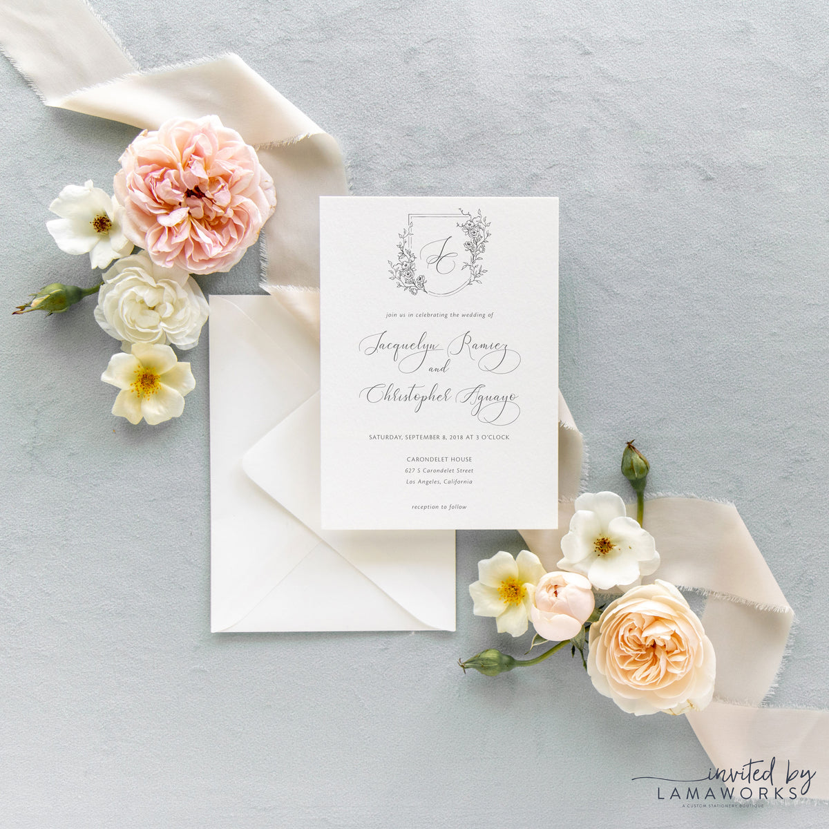 Simple Calligraphy Wedding Invitation Set with Monogram Crest- Jacquelyn