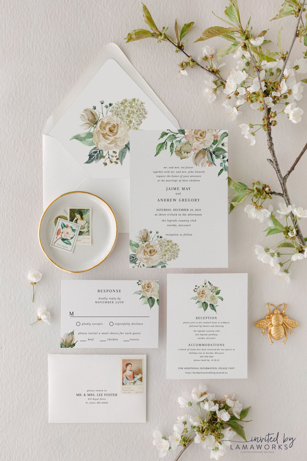 White Roses and Hydrangeas Watercolor Wedding Invitation | Jaime