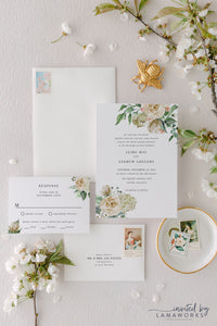 White Roses and Hydrangeas Watercolor Wedding Invitation | Jaime