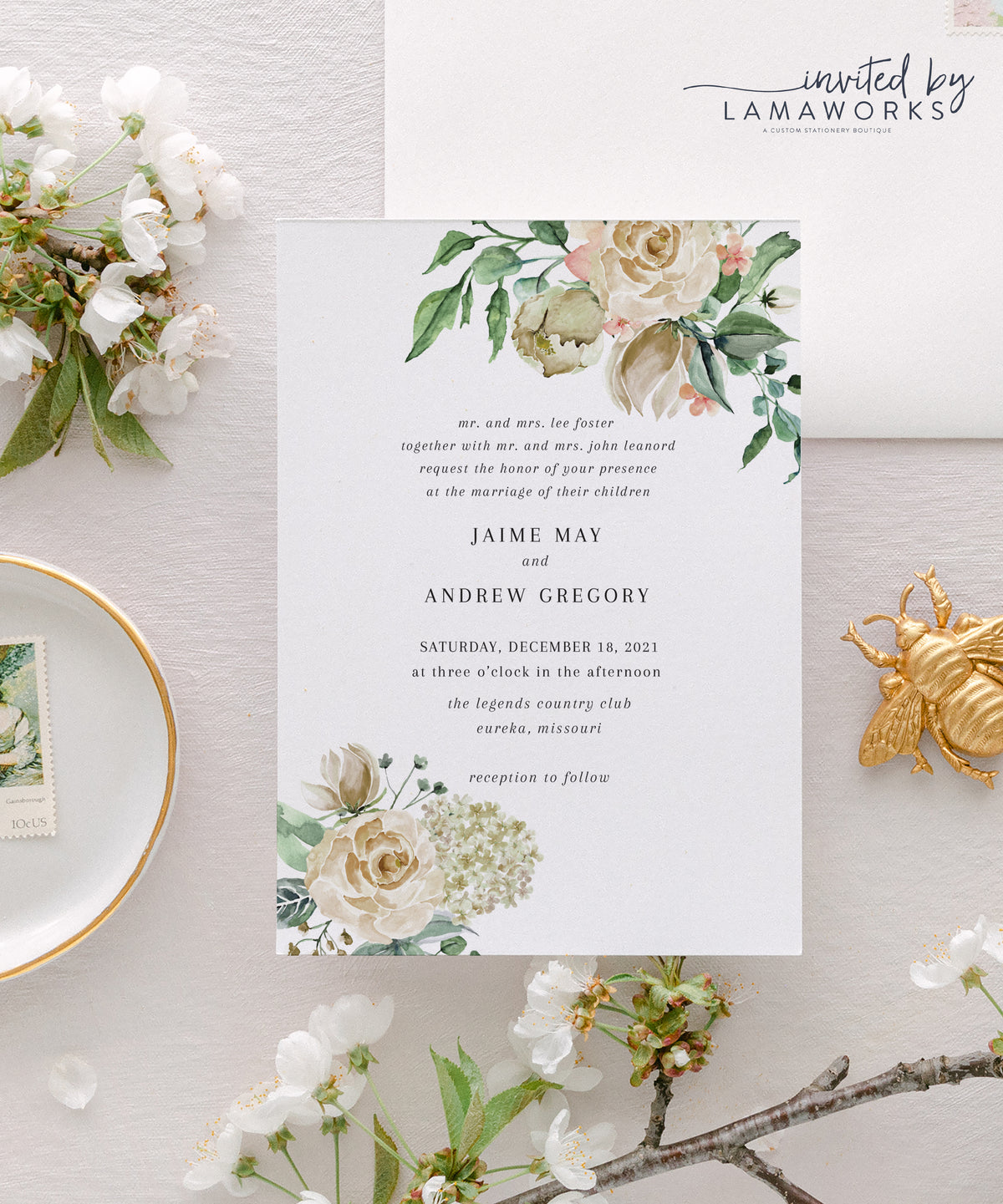 White Roses and Hydrangeas Watercolor Wedding Invitation | Jaime