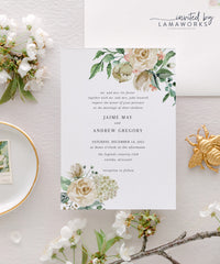 White Roses and Hydrangeas Watercolor Wedding Invitation | Jaime