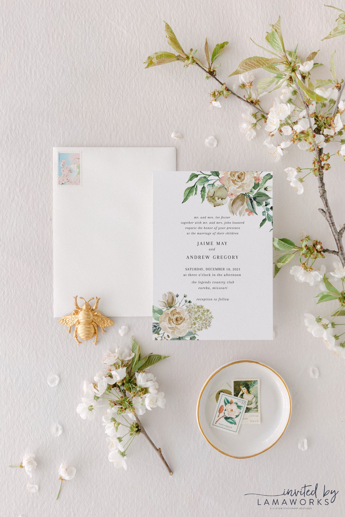 White Roses and Hydrangeas Watercolor Wedding Invitation | Jaime