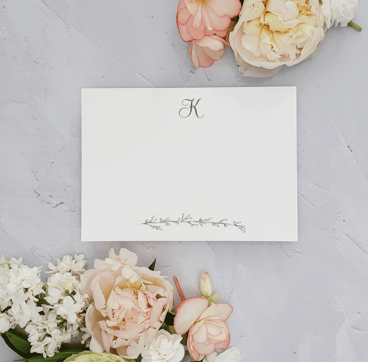 Script Monogram Personalized Stationery Cards Set with Branch - Kaitlin