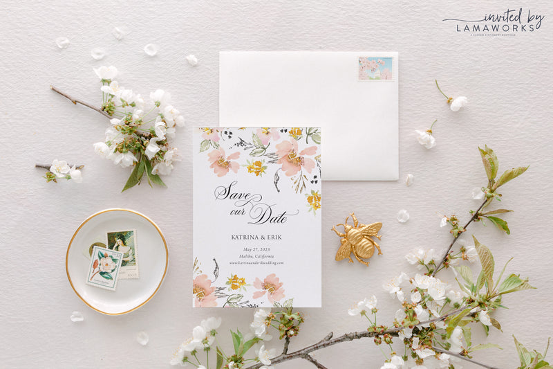 yellow peach and pink floral watercolor save the date