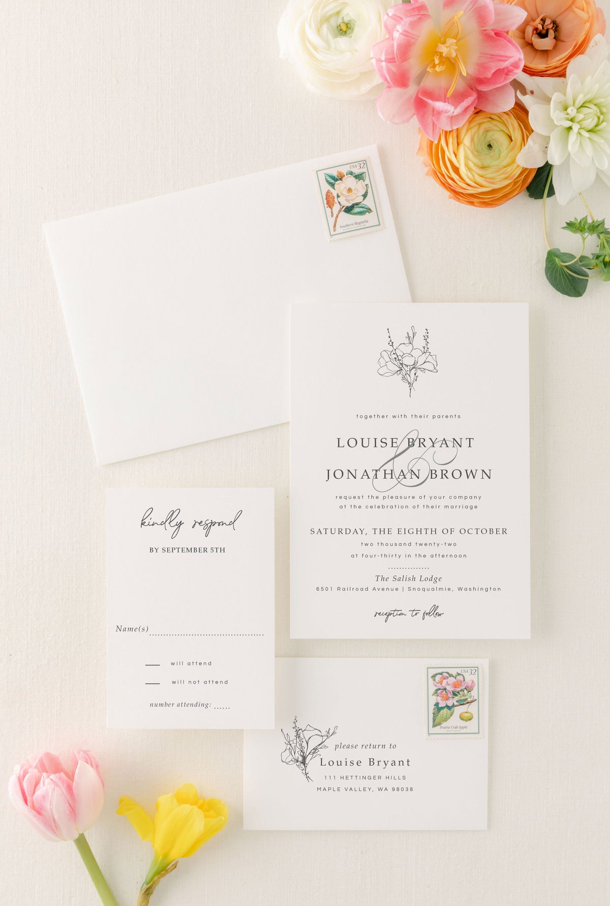 Elegant Minimalist Floral Wedding Invitation Suite - Louise