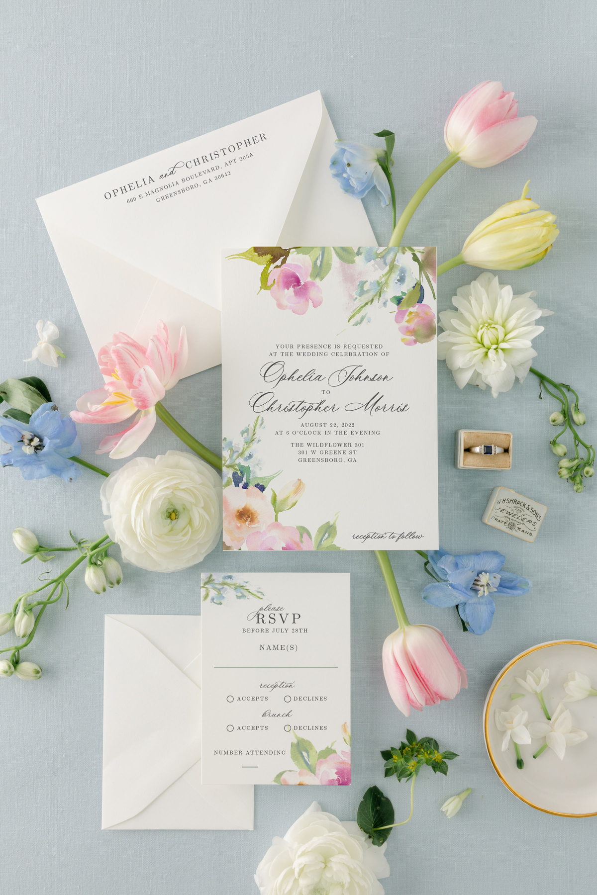 Elegant Wedding Invitation Suite with Watercolor Spring Flowers  | Ophelia