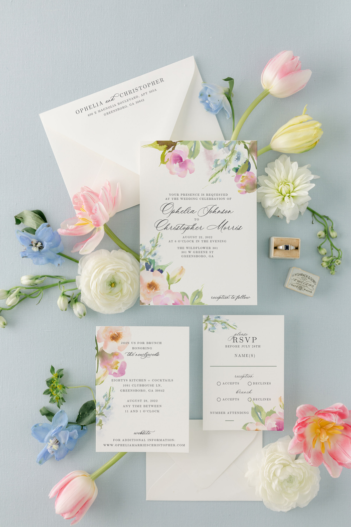 Elegant Wedding Invitation Suite with Watercolor Spring Flowers  | Ophelia