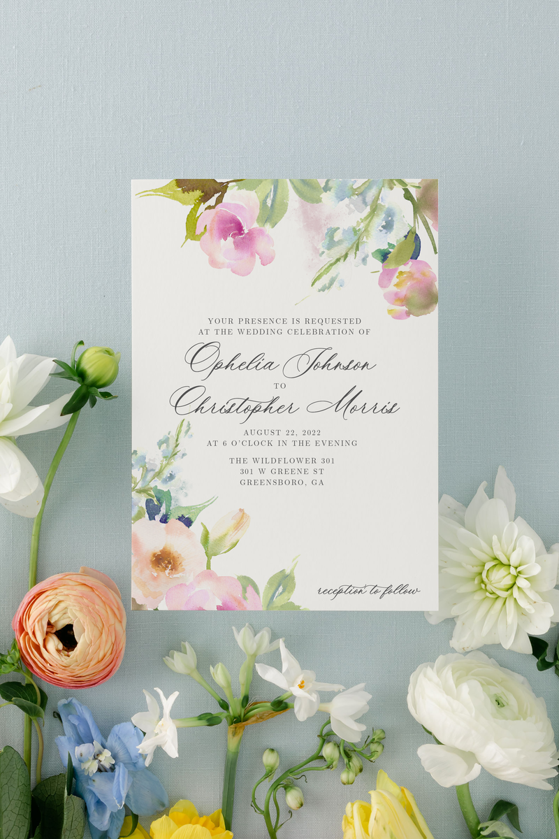 Elegant Wedding Invitation Suite with Watercolor Spring Flowers  | Ophelia