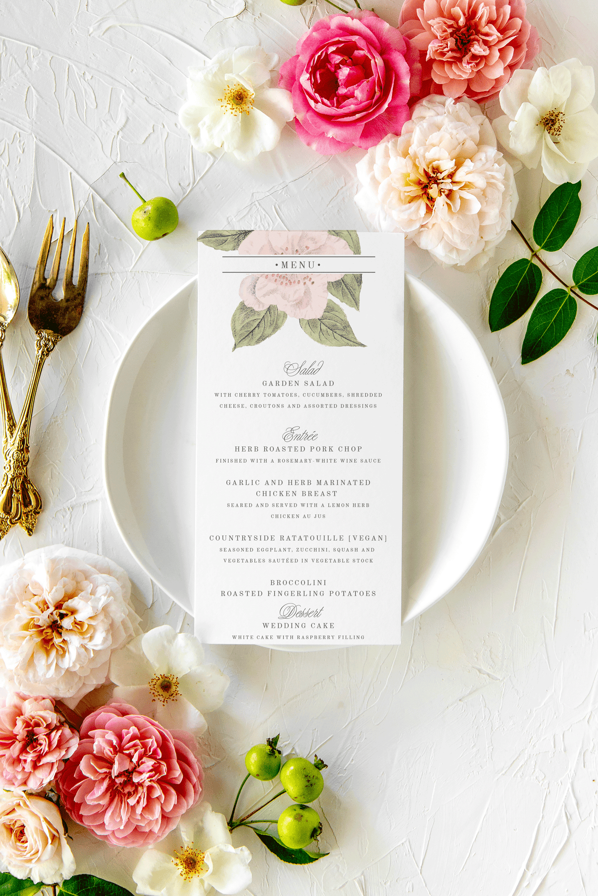 Custom Watercolor Rose Printed Menu Cards for a Boho Wedding | Rebecca