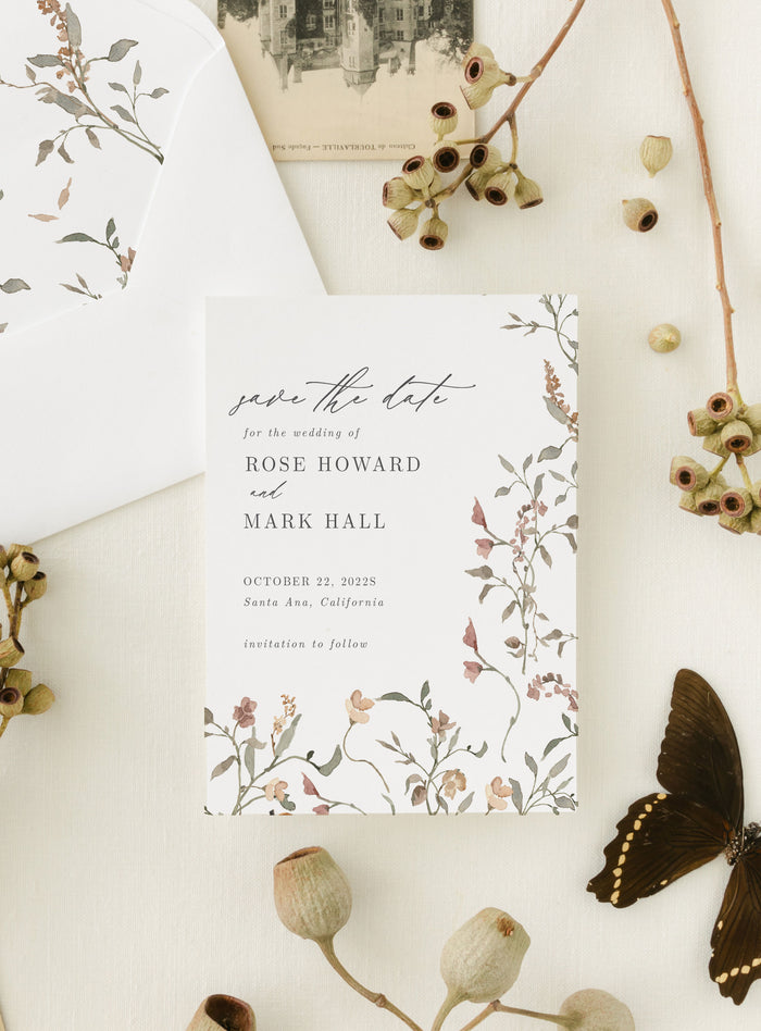 Delicate Fall Floral Printed Save the Date Card with Dusty Rose Flowers | Rose and Mark